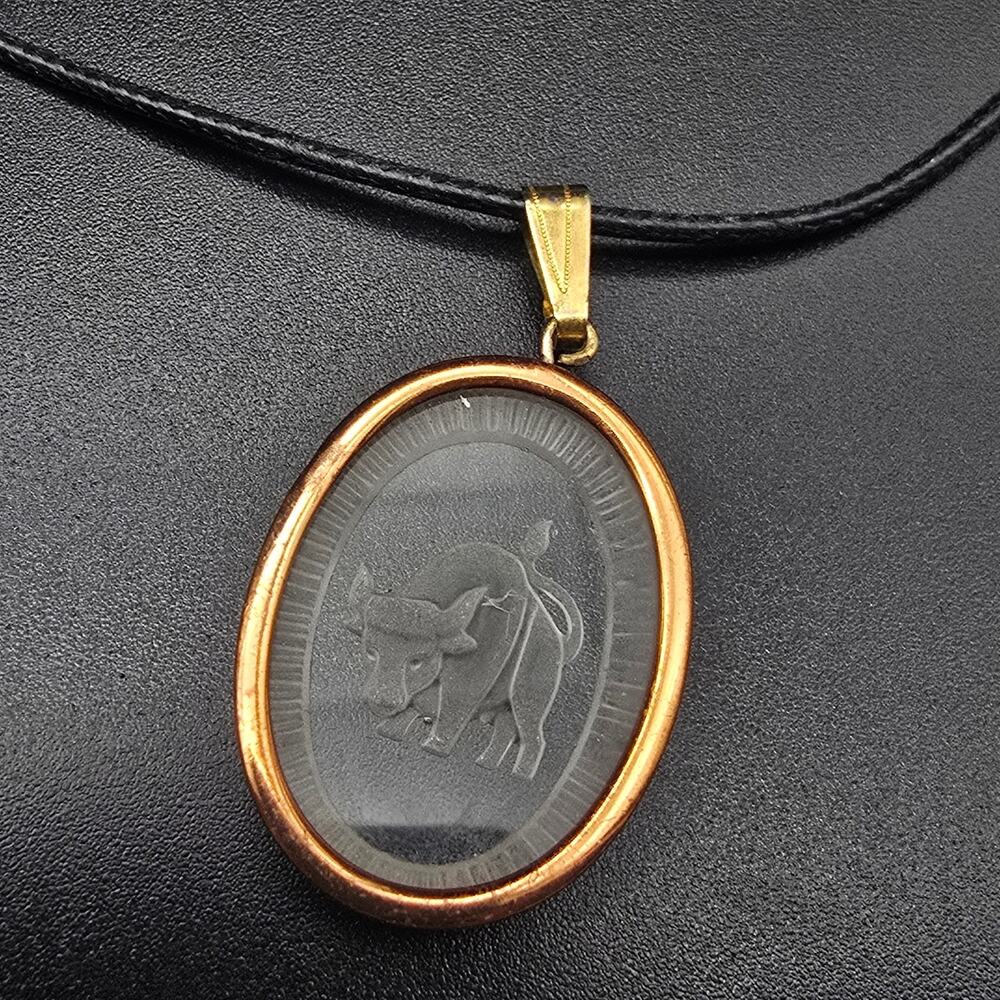 Intaglio Bull Taurus Pendant Necklace Black Cord Zodiac Sign